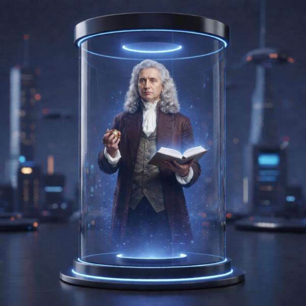 Hologram of Newton in a futuristic chamber